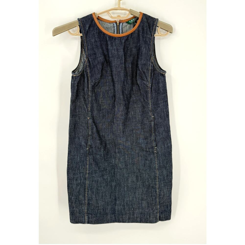 Ralph Lauren Dark Denim and Leather Shift Dress Pockets Size 2P
